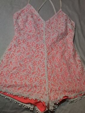 Women’s Neon Pink With White Lace Overlay Romper with Pom Trim